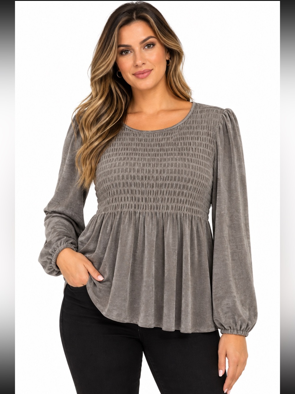 Urban Romantics L Gray Smocked Babydoll Peplum Top Puff Sleeve Cottagecore